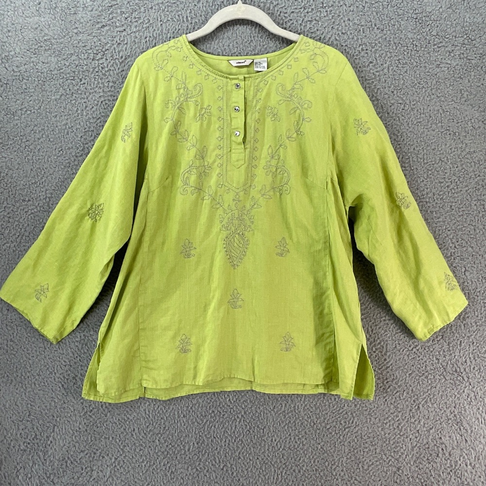 Edward Tunic Top Womens XL Green Excellent Linen Embroidered V-Neck Long Sleeve